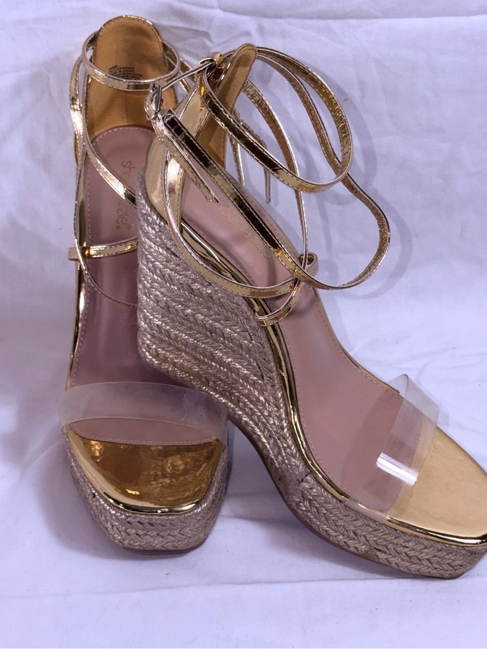 ShoeDazzle Metallic Gold Espadrille Wedge Sandals Clear Strap Lace Up Heel 11